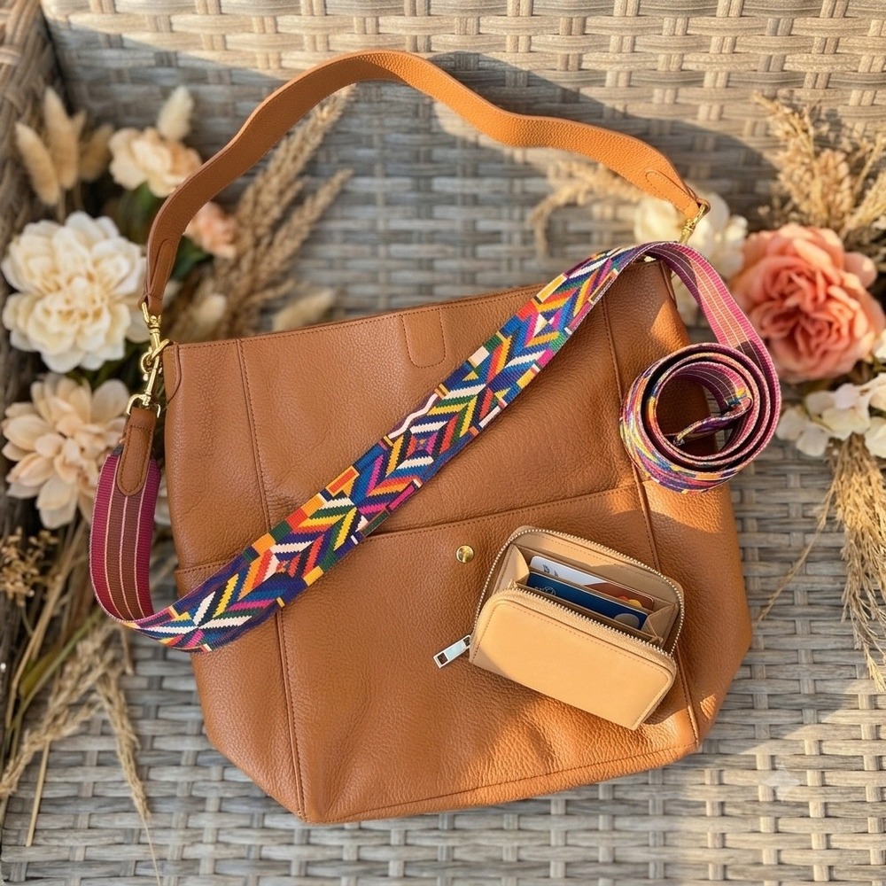 Leather Tan Hobo Crossbody Bag Set CLEAN Multi-Color Guitar Strap and Zip Wallet